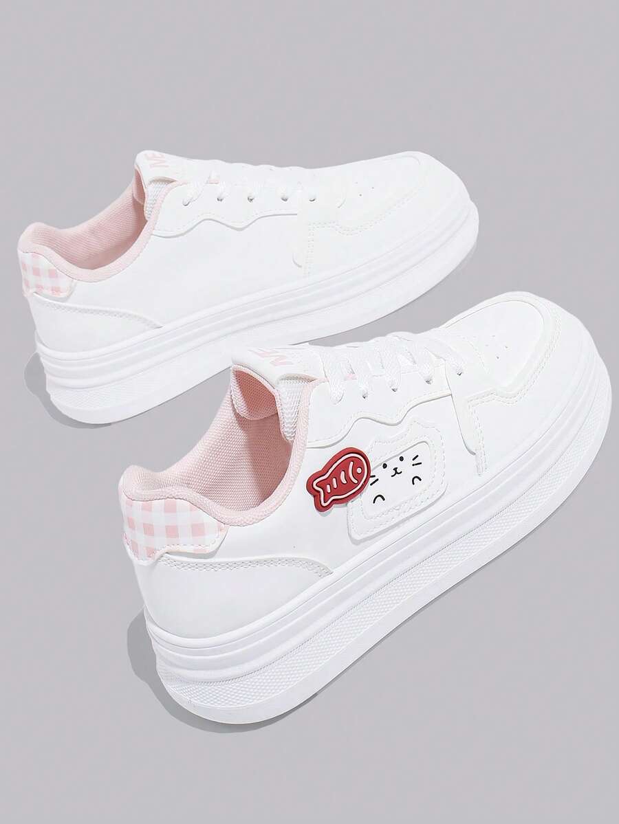 女士时尚休闲百搭运动鞋，厚底系带白色休闲鞋，适合所有季节 - 粉色 - 查看 1