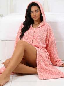 1pc Leopard Print Flannel Hooded Bathrobe - Women's Plush Robe, Comfortable Loose Fit Winter Loungewear, Thick Spa Hotel Bathrobe, Soft Robe Bathroom Decor - Pink - View 9