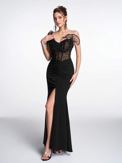 Anymoon 优雅黑色钻石蕾丝串珠弹力针织高腰开衩美人鱼晚礼服，适合舞会、毕业典礼、婚礼宾客、生日派对、红毯活动、公司派对、鸡尾酒会、斋月庆祝活动等正式场合。