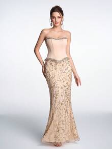 Anymoon 女士优雅水钻亮片花卉图案露背抹胸晚礼服 - 香檳色 - 查看 2