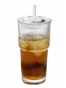 Reusable Striped Glass Cup Set With Lid & Straw - For Home, Office And Party Coffee/Juice Cups - Multicolor - View 10