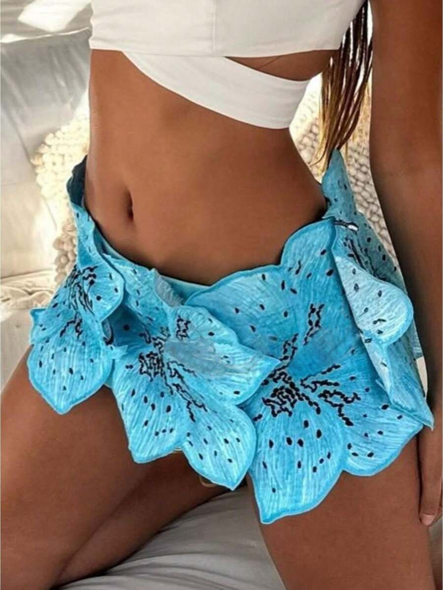 Women Y2k Floral-Shaped Short Skirt Fairy Floral Mid Low Rise Ruffle Half Slip Skirt Layered Flowy Short Skirt Streetwear - 藍色 - 查看 1