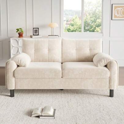 Modern 2-Sitzer Sofa, Suitable For Polstersofa With Chenille Fabric With Dicken Kissen, Gemütliche Couch Für Wohnzimmer, Schlafzimmer, Kleine Wohnung, Polstermöbel Im Skandinavischen Design, Beige