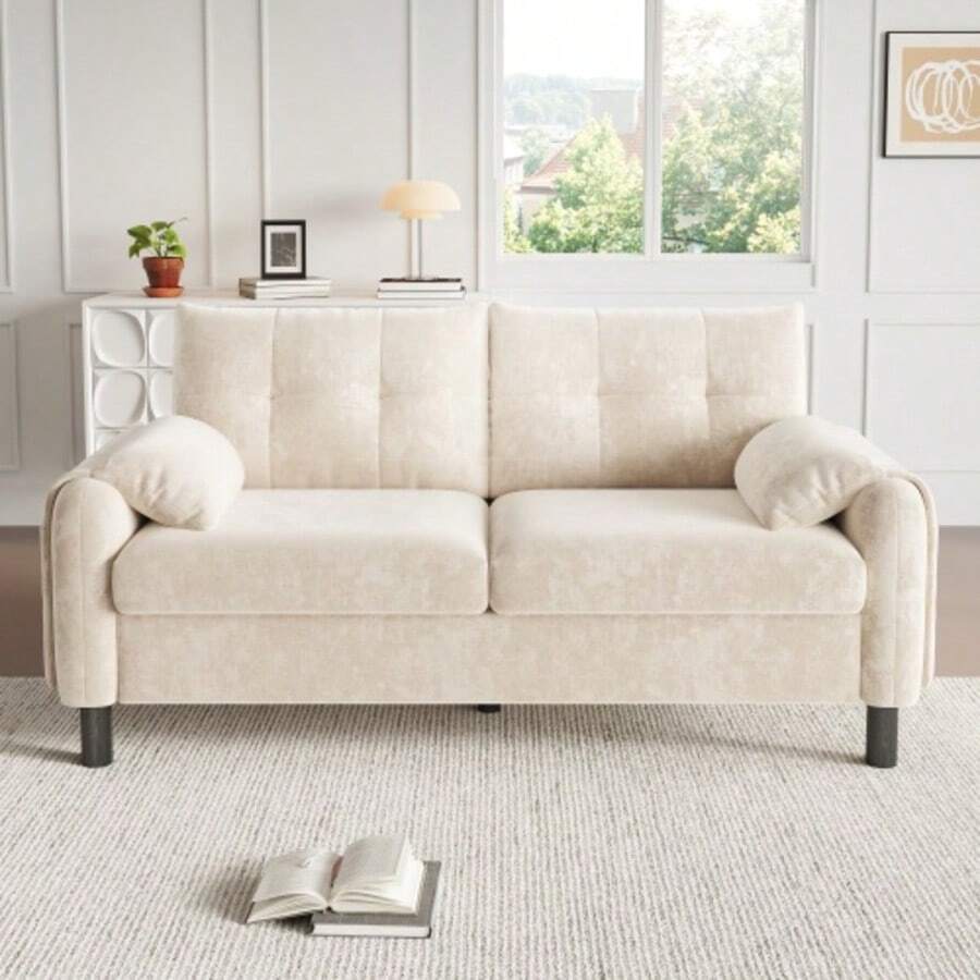 Modern 2-Sitzer Sofa, Suitable For Polstersofa With Chenille Fabric With Dicken Kissen, Gemütliche Couch Für Wohnzimmer, Schlafzimmer, Kleine Wohnung, Polstermöbel Im Skandinavischen Design, Beige - 米色 - 查看 1