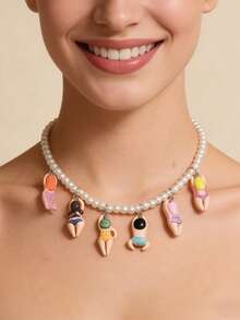 1pc Funny Cartoon Character Beaded Swimming Pendant Necklace, Fashionable Acrylic Bead Novelty Jewelry Gift For Valentine's Day