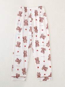 3件套女童休闲卡通熊印花POLO领短袖开衫、短裤和长裤睡衣套装，阻燃，四季皆宜 - 白色 - 查看 9