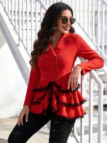 Vintage Victory Gothic Blazer Jacket With Lace Ruffle Hem And Lace Up Corset Back - Đỏ - Xem 7