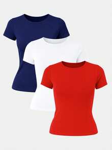 Set Of 3 Women's Basic Elegant Double Layer Supplex High Compression Blouses For Gym Wear - 紅,白,海軍藍 - 查看 1