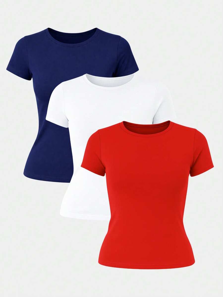 Set Of 3 Women's Basic Elegant Double Layer Supplex High Compression Blouses For Gym Wear - 紅,白,海軍藍 - 查看 1