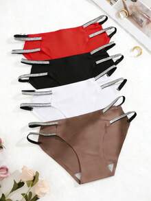 4 piezas de bragas de mujer sin costuras de tiro bajo con cinta plateada sexy - Multicolor - Ver 4