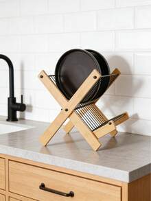 双层竹制折叠碗架 - 多层厨房干燥和储物整理器，带可拆卸餐具架，防潮且易于组装，现代节省空间的设计，厨房台面碗架，耐用的厨房配件 - 圣诞装饰 - 棕色 - 查看 3