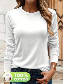 Women's 100% Cotton Long Sleeve T-Shirt - Casual Round Neck Top For Spring/Summer, Machine Washable, Versatile Style Suitable For Street Or Vacation Wear, Geometric Pattern T-Shirt White - White - View 2