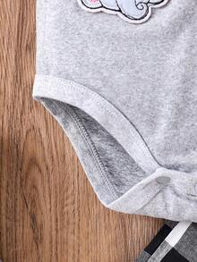 H HIBOBI 两件套，灰色领结连体衣+黑白格子短裤，大象刺绣肩带设计，绅士风男婴套装，0-18个月，夏季 - 灰色 - 查看 6