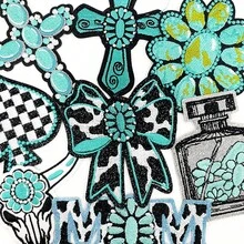 9件裝西式牛仔風刺繡貼布，包含綠松石寶石圖案、蝴蝶結、棋盤格、黑桃、十字架、花朵、香水瓶、牛頭、字母元素，復古西部設計，高密度刺繡，不對稱輪廓，3D刺繡細節，適用於熨燙或縫製DIY貼布於牛仔夾克、連帽衫、包包、帽子、日常穿搭、舞台服裝、春季裝飾 - 綠松石系列 - 查看 3
