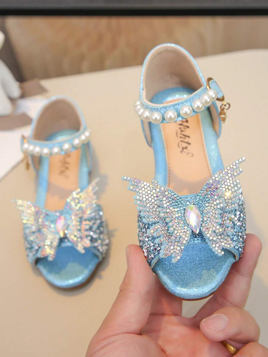 Baby Girl Flat Sandals Bow Rhinestone Pearl Color Diamond Princess Shoes - Blue - View 1