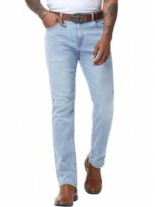 Men's Jeans Pants Regular Fit Straight-Leg Stretch Denim Comfort Vintage Streetwear Utility Style High Waist Relaxed Trouser Retro Casual Wear - 淺藍色 - 查看 1