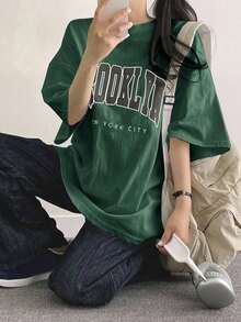 2026 Women's ClothesDAZY Letter Graphic Drop Shoulder Tee Oversized T-Shirt StreetwearLoose And Comfortablesummer Shirts - Green - View 5