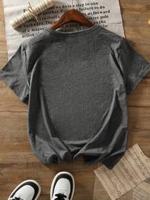 大码女式字母印花圆领休闲T恤 - 深灰色 - 查看 3