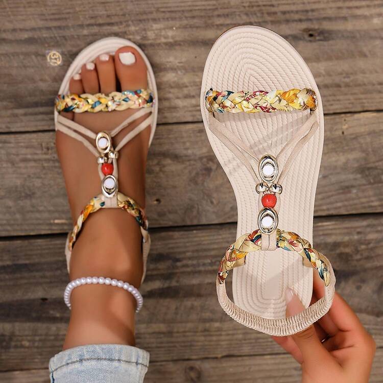 女士夏季新款休闲度假弹力带平底凉鞋，水滴装饰，清新舒适，日常穿着 - 米色 - 查看 12