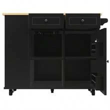 Kitchen Island With Removable Partitions, Kitchen Unit, Serving Cart With Worktop, Sideboard, Wood-Finish Serving Cart, Equipped With A Snack Holder And A Wine Glass Rack, Black