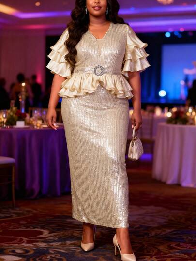 Vestido de cóctel elegante con lentejuelas color champán, volantes en las mangas, cinturón en la cintura y detalles de pedrería para mujer de talla grande, ideal para fiestas, bodas y eventos