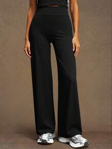 VVX 高腰喇叭瑜伽裤，提臀，弹力宽松喇叭裤腿运动裤，可机洗，女款 - 黑色 - 查看 1