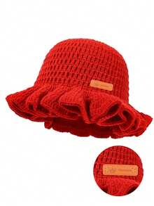 1pc Women Handmade Crochet Ruffle Brim Bucket Hat, Novelty Casual Floppy Cloche Hat - Solid Color - View 39