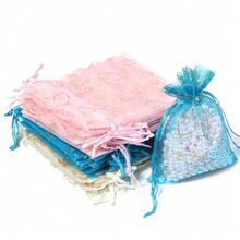 5 túi quà tặng hình trái tim bằng vải organza phủ bột vàng, túi lưới có dây rút 10*14cm, túi đựng quà tặng trang sức thời trang thanh lịch cho các dịp lễ. - Nhiều màu - Xem 8