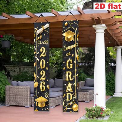 2pcs 2D Flat 2026 Graduation Party Porch Banner, Made Of Polyester Fabric With Bachelor Cap And Diploma Design, Suitable For Graduation Party Decor, Graduation Ceremony, Graduation Celebration, Party Celebration, Holiday Party, Birthday, Home/Garden/Indoor/Outdoor Decor, Outdoor Decor, Door Hanging, Door Decor, Photography Backdrop, Party Decorations, Graduation Background