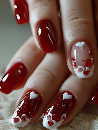 24片中号方形假指甲，时尚美甲贴纸，情人节美甲必备，全覆盖可卸美甲套装，适合女性参加派对、舞会和日常佩戴