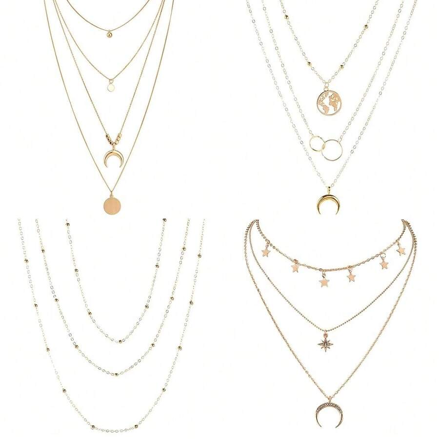 RINHOO FRIENDSHIP 4-6Pcs Multiple Layered Necklaces For Women Choker Necklace With Moon Star Coin Gold Sliver Chain Necklace Jewelry For Women - 4件套多款金項鍊 - 查看 1