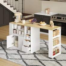 Kitchen Island With Extendable Worktop, 115cm Long Storage Island With Shelves On Three Sides And Two Drawers, Coffee Corner, Extendable Wooden Dining Table, Ideal For Dining Rooms And Home Bars - Natural Wood Color + White - View 5