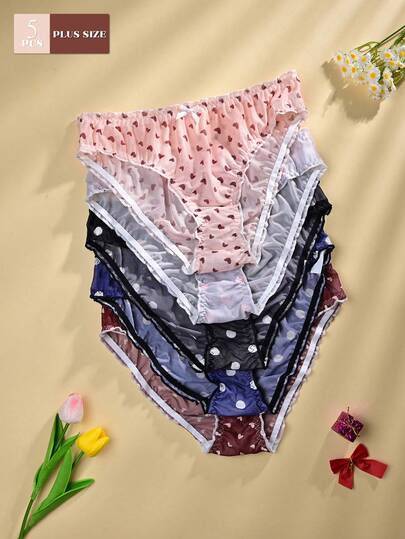 5pcs/Pack Plus Size Women Floral Print Bow Decor Comfortable Breathable Fabric Hipster Panties