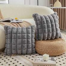 Grey Faux Fur Cozy Soft Plaid Decorative Throw Pillow Covers 18x18 Inch Set Of 2Velvet Pillowcase Cushion Case For Sofa Couch - Plaid Darkgrey+40L X 40W cm (Pack Of 2) - View 3