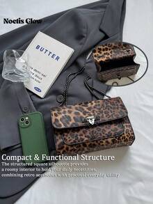 New Vintage Leopard Print PU Leather Flap Square Bag, Outdoor Vacation Travel Crossbody Bag, Elegant Banquet Party Mobile Phone Coin Purse, Versatile Business Commuter Chain Underarm Bags For Daily Office Use, Women Shoulder Bags - Multicolor - View 5