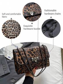New Vintage Leopard Print PU Leather Flap Square Bag, Outdoor Vacation Travel Crossbody Bag, Elegant Banquet Party Mobile Phone Coin Purse, Versatile Business Commuter Chain Underarm Bags For Daily Office Use, Women Shoulder Bags - Multicolor - View 6
