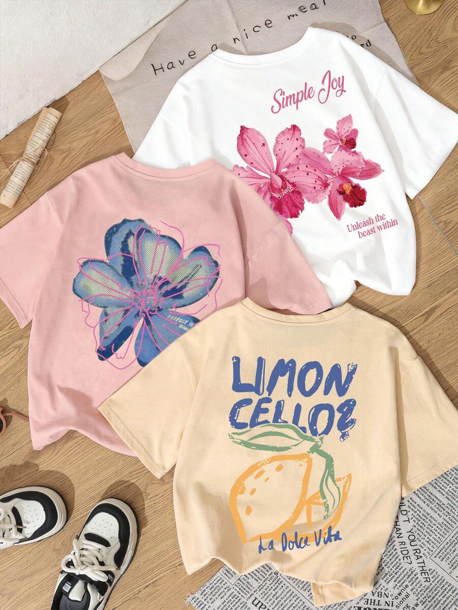 3件套夏季新款印花休闲圆领短袖T恤，时尚百搭女式上衣 白色 - 白色 - 查看 1