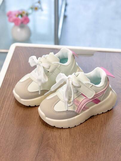 1 Pair Pink Spring New Children Sports Shoes, Fashion Boys Casual Shoes, Hook And Loop Student Girls Running Shoes