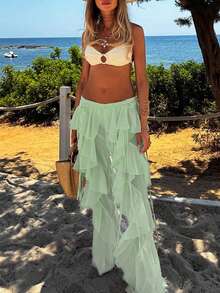 Outdoor Fashionable Tie-Up Ruffle Hem Flared Pants, Spring/Summer Vacation - Green - View 2