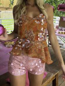 Women Glam Sequin Cami Top, Party Floral Print Sparkly Sequins Spaghetti Strap V Neck Peplum Blouse For Beach Vacation  Club Party - trái cam - Xem 2