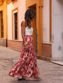 Elegant A-Line Skirt With Ruffle Hem For Women, Floral Print Fabric, Suitable For Party, Vacation And Beach Spring - Multicolor - View 3