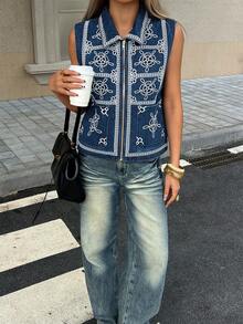 Women's Short Sleeveless Printed Denim Jacket - Dark Wash - View 2