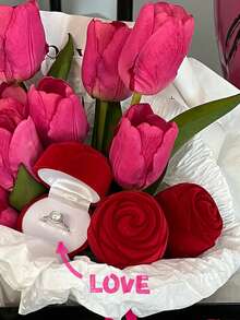 1个/2个求婚戒指盒，红玫瑰花戒指盒，浪漫情人节首饰盒，礼品盒，人造玫瑰 - 紅色 - 查看 2