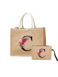 1/2 chiếc túi tote vải lanh in hoa và chữ cái A-Z, túi xách in họa tiết thời trang, túi tote và túi đựng mỹ phẩm sành điệu dành cho nữ, túi đeo vai có khóa kéo dung tích lớn, túi xách đa năng có khóa cài, túi mua sắm in họa tiết có khóa bấm, thích hợp cho đám cưới, sinh nhật, du lịch biển, kỳ nghỉ và các dịp khác. Món quà hoàn hảo cho phụ nữ, mẹ, giáo viên, bạn bè, phù dâu, sinh viên và mùa tựu trường. - Nhiều màu - Xem 34