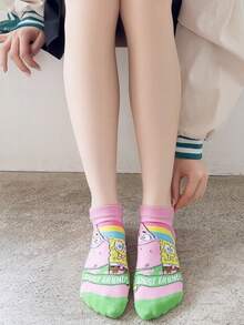 SpongeBob SquarePants 6/10双随机女士短袜，海绵宝宝主题卡通人物设计，吸湿透气，用途广泛 - 彩色 - 查看 9