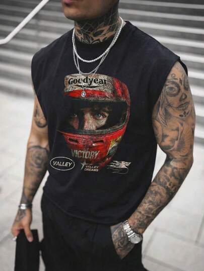 男士复古赛车头盔图案背心，夏季休闲健身街头风日常假日宽松时尚T恤，复古赛车运动朋克风