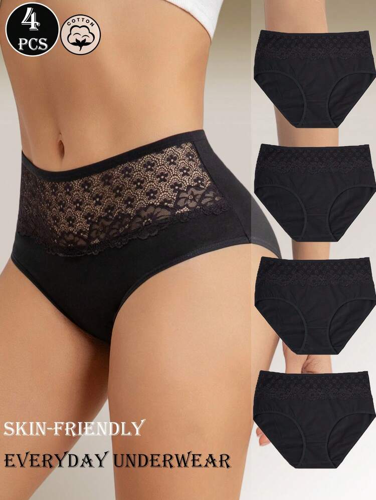 4条装刺绣花卉蕾丝高腰女士内裤 - 黑色 - 查看 5