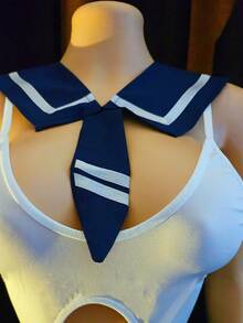 三件套：开裆连体裤、翻领、迷你裙 - 女士性感内衣，学院风角色扮演服装 - 藍白色 - 查看 4