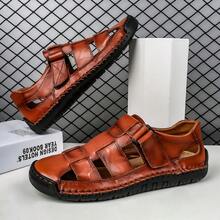 男士手工真皮凉鞋，轻便透气，纯色复古真皮鞋面，露趾设计，适合户外、旅行、派对、商务、度假、海滩、休闲穿着，尺码齐全，38-48码。 - 紅棕 - 查看 14
