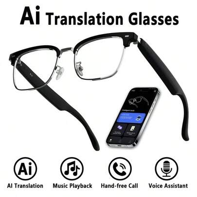 AI Translation Glasses - Wireless Glasses With Built-In Microphone & Speaker, Hands-Free Calling, Music, Voice Assistants, Language Translation, For Home, Office, Travel - Compatible With Ios, Android, Office Communication, Modern Design